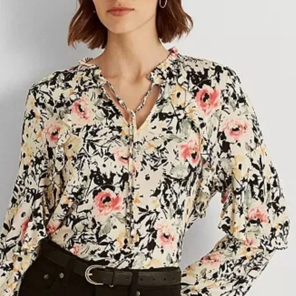 RALPH LAUREN Floral Ruffle-Trim Long-Sleeve Tie-Neck Blouse Office Career MED